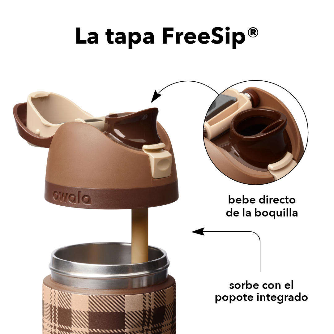 FreeSip 24 oz Plaid and Simple — tapa FreeSip: bebe directo de la boquilla o sorbe con el popote integrado