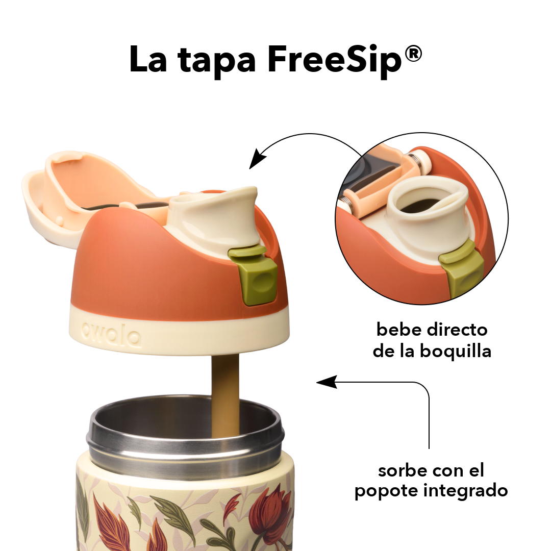 FreeSip 24 oz Woodland Boho — tapa FreeSip: bebe directo de la boquilla o sorbe con el popote integrado