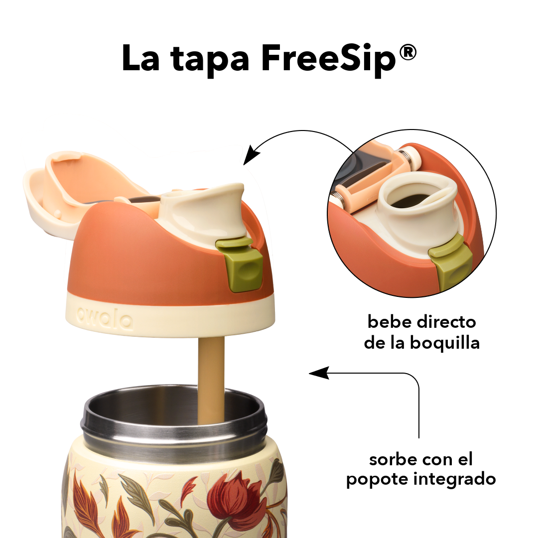 FreeSip 32 oz Woodland Boho — tapa FreeSip: bebe directo de la boquilla o sorbe con el popote integrado