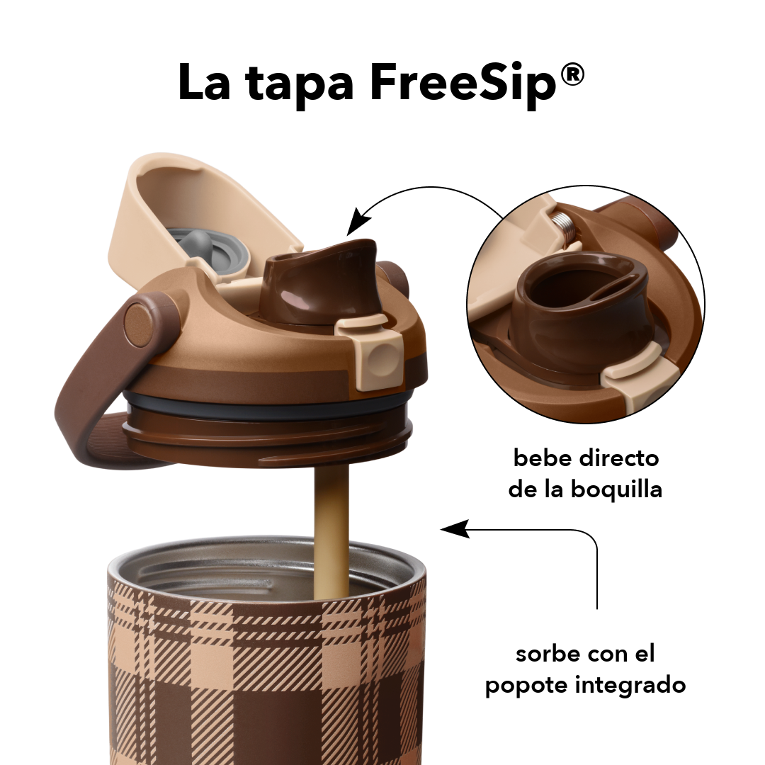 FreeSip Sway 30 oz Plaid and Simple — tapa FreeSip: bebe directo de la boquilla o sorbe con el popote integrado