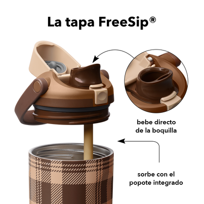 FreeSip Sway 30 oz Plaid and Simple — tapa FreeSip: bebe directo de la boquilla o sorbe con el popote integrado