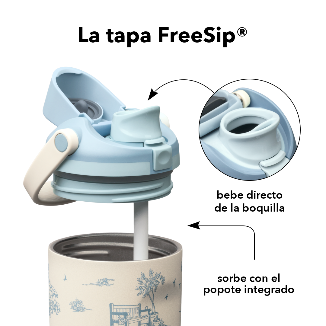 FreeSip Sway 30 oz Toile Be Home — tapa FreeSip: bebe directo de la boquilla o sorbe con el popote integrado