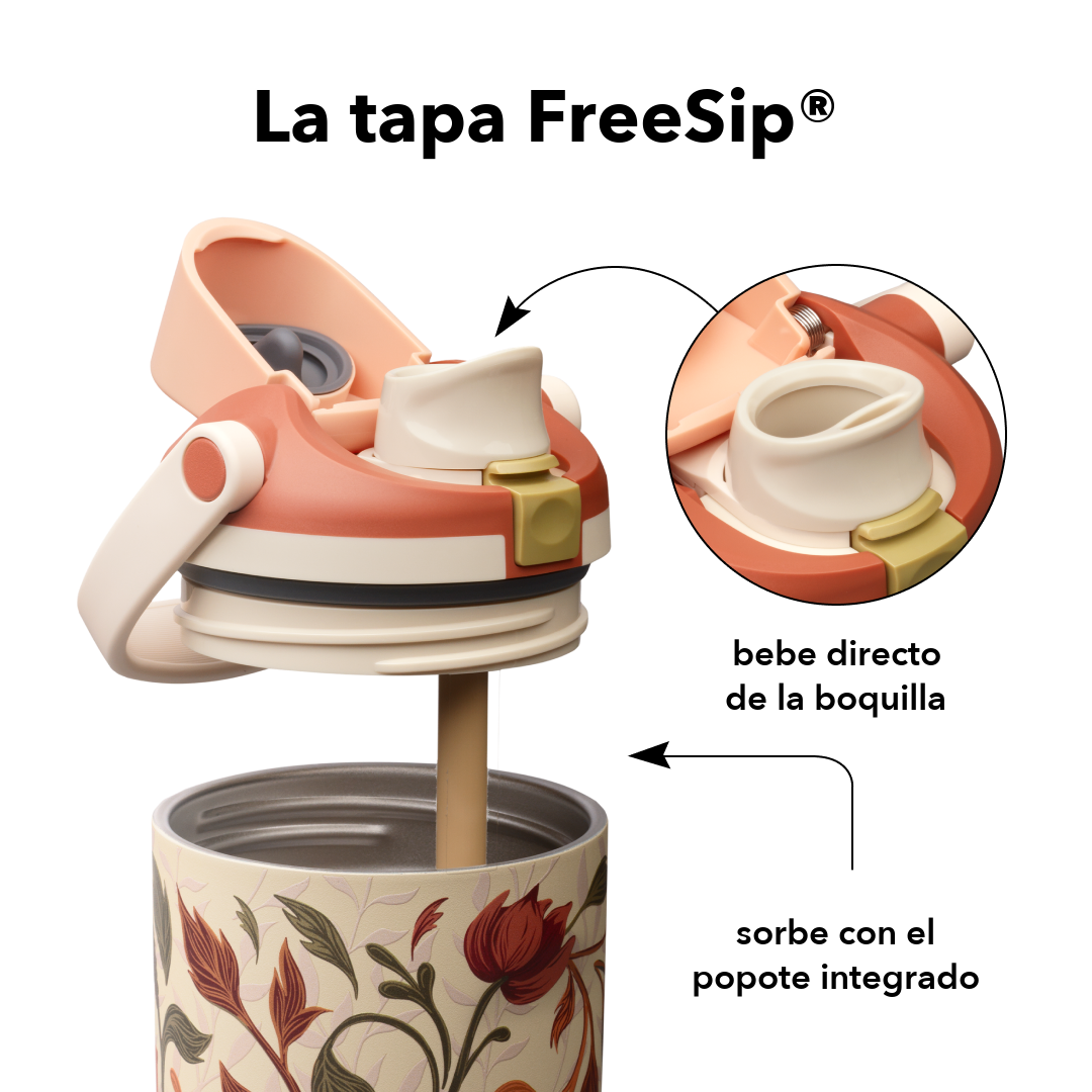 FreeSip Sway 30 oz Woodland Boho — tapa FreeSip: bebe directo de la boquilla o sorbe con el popote integrado