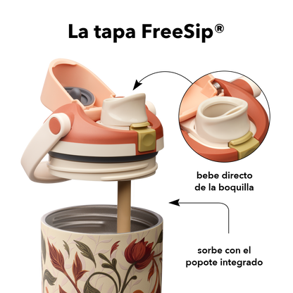 FreeSip Sway 30 oz Woodland Boho — tapa FreeSip: bebe directo de la boquilla o sorbe con el popote integrado