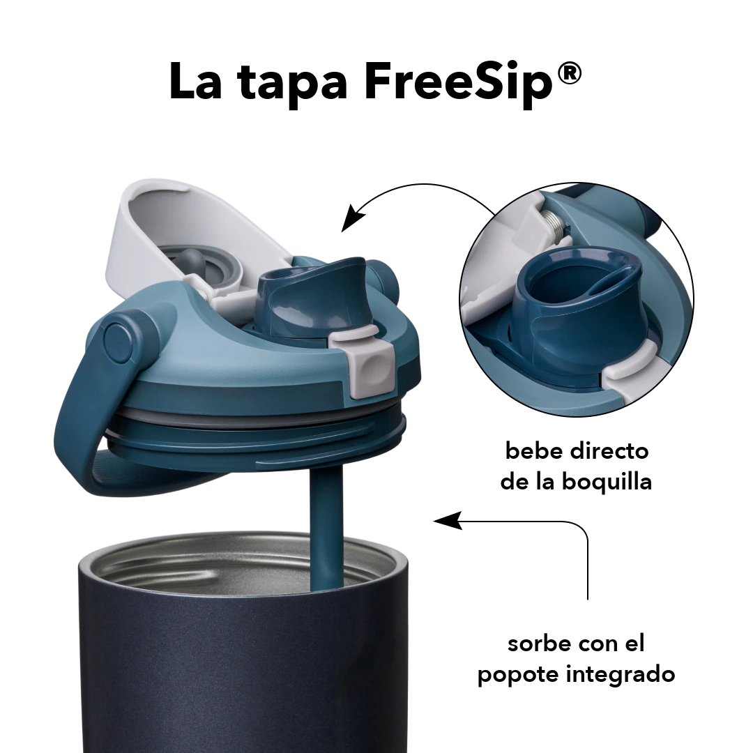 FreeSip Sway 40 oz Blue Steel — tapa FreeSip: bebe directo de la boquilla o sorbe con el popote integrado