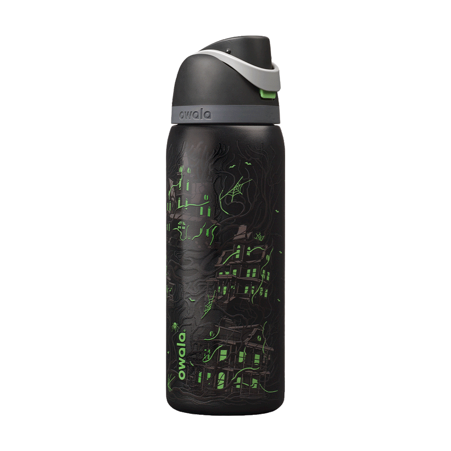 Owala FreeSip 32 oz Midnight Manor, casa embrujada en verde sobre negro mate